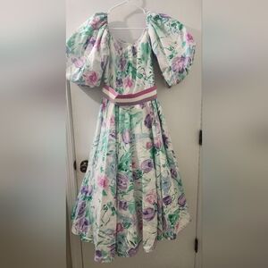 Victor Costa 1980s Vintage Floral Puff Sleeve Dress, Size Medium.
